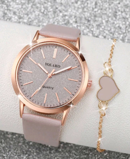 2pcs/Set Women's Fashion Simple Scale Dial Classic Elegant Quartz Wrist Watch + Heart-Shaped Bracelet, Watch Box Not Included