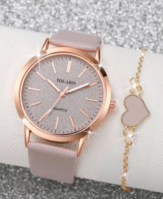 2pcs/Set Women's Fashion Simple Scale Dial Classic Elegant Quartz Wrist Watch + Heart-Shaped Bracelet, Watch Box Not Included